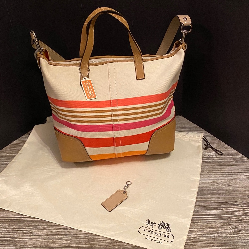 Coach Hadley stripe canvas Leather tote shoulder Bag 💼